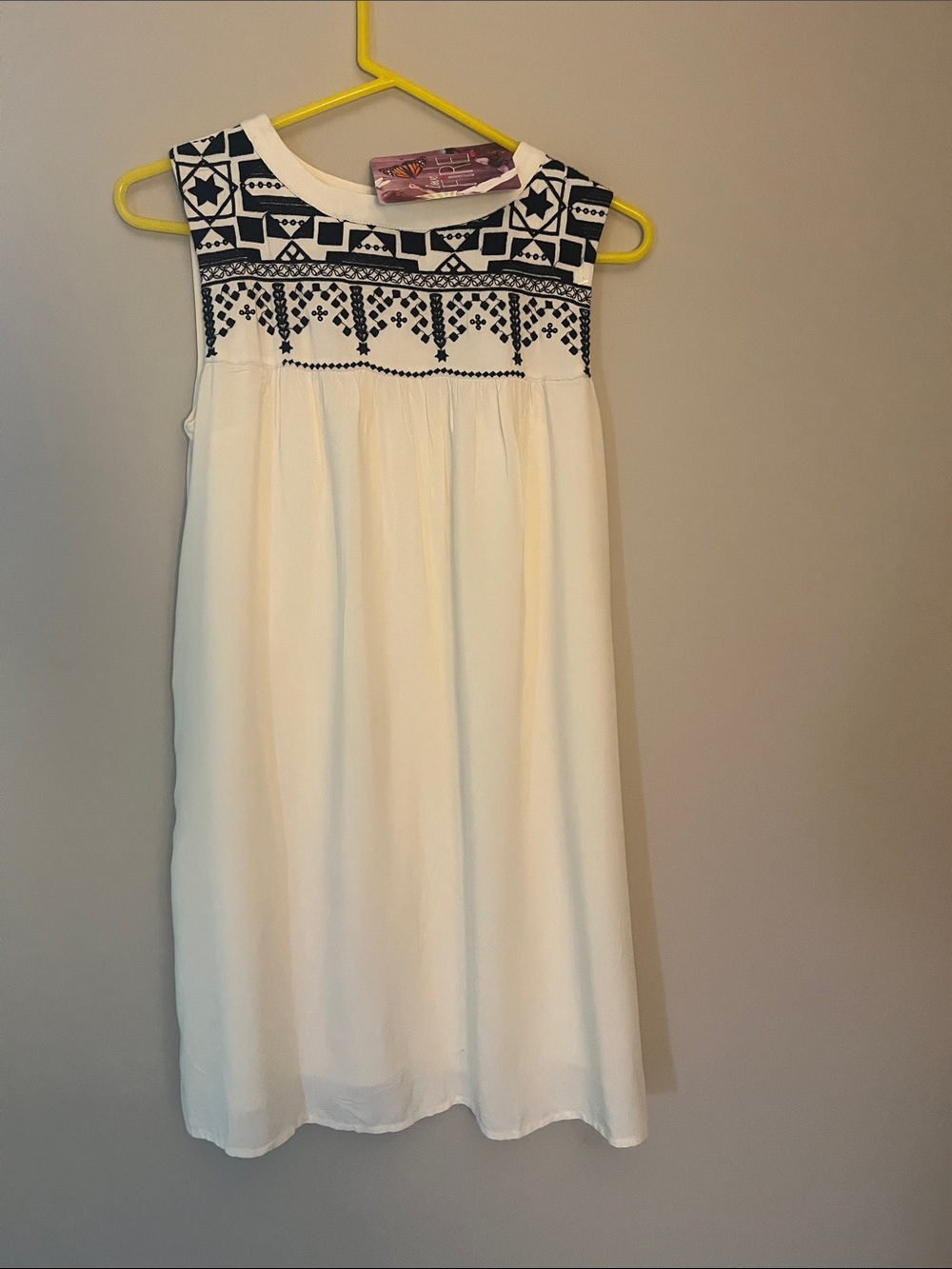 Junior White Dress with Navy Embroidered Yoke - Brand: